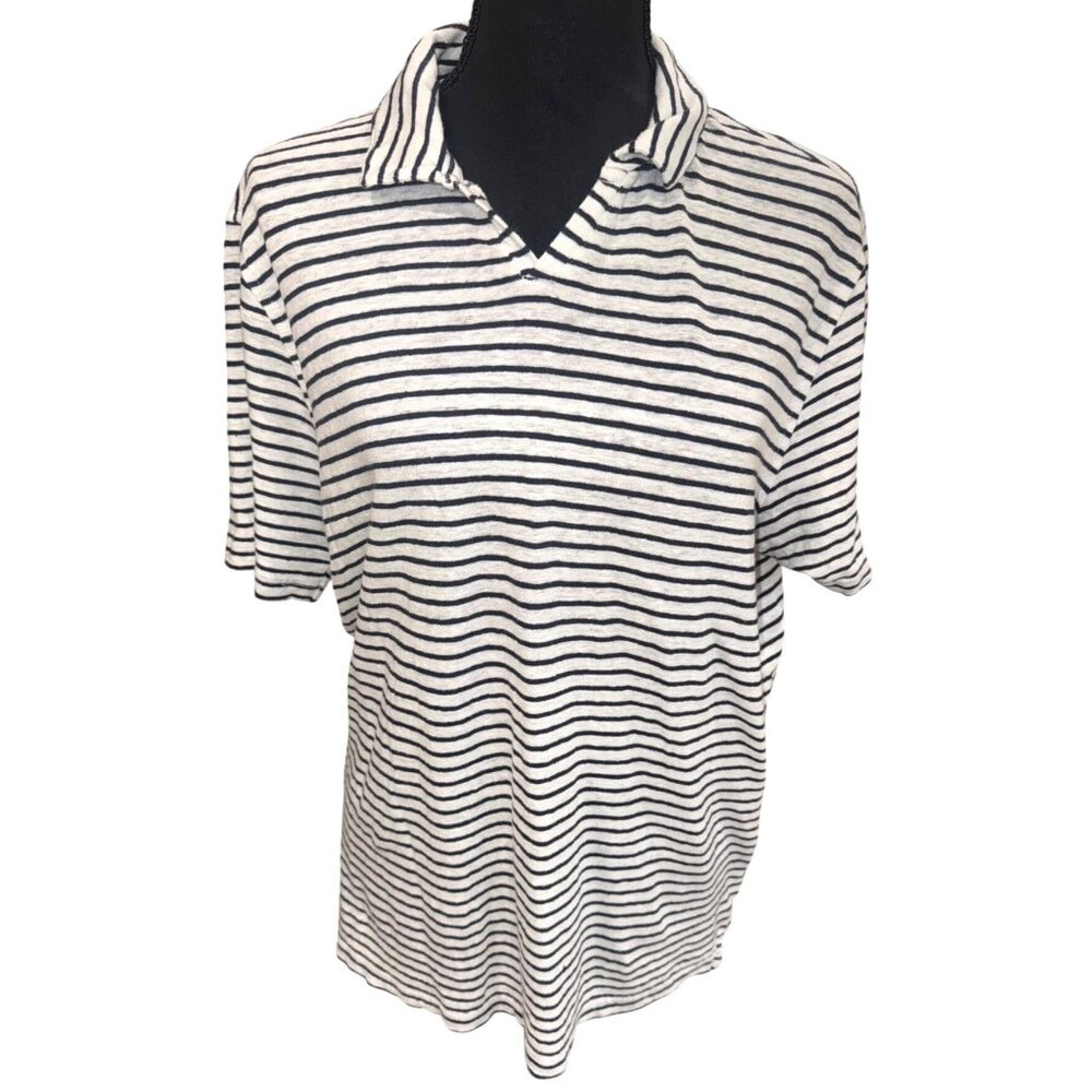 Nordstrom 100% Linen Striped Polo Nautical Shirt White Black Sustainable Casual